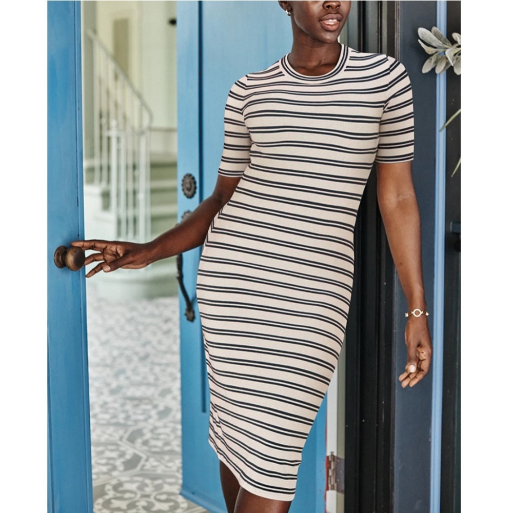 NWT Summersalt Striped Stretch Ribbed Knit Pullover Midi Dress White Medium